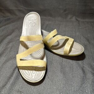 CROCS Patricia Wedge Sandals Beige Size 10 Tan Brown Slide Strappy‎